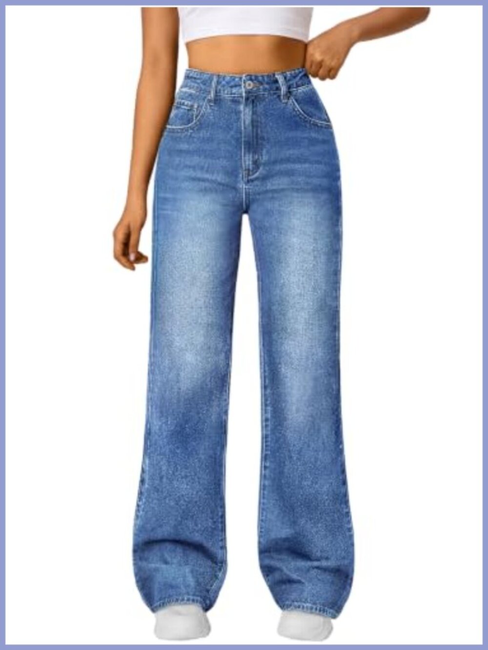 High Waisted Straight Wide Leg Stretch Jeans Button Fly Pockets